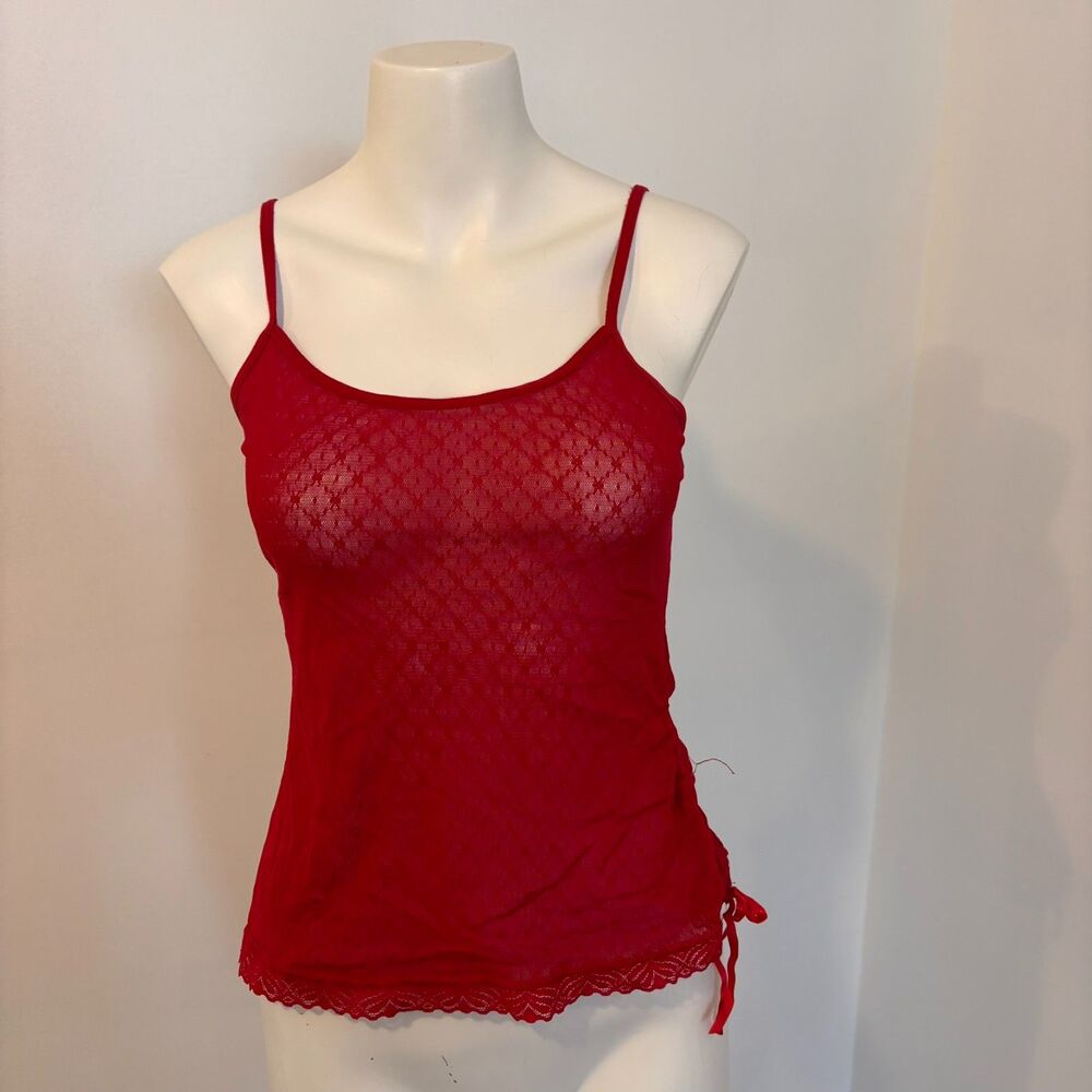 Jolie Intimates size Large Lace Tie Ruching Sheer Red Cami Camisole Tank Top